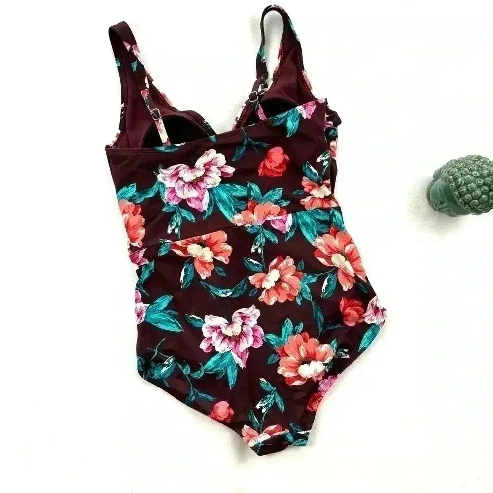 Embrace Your Curves Maroon Floral V-Neck Plunge Spaghetti Strap One Piece Size M